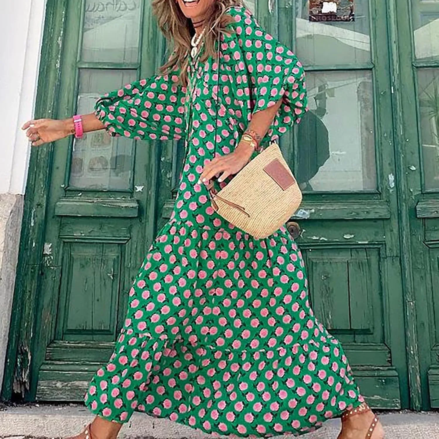 Boho Maxi Dresses for Women 2025 Casual Loose Fit Summer Long Bohemian Dress 3/4 Sleeve V Neck Plus Size Flowy Spring Dress