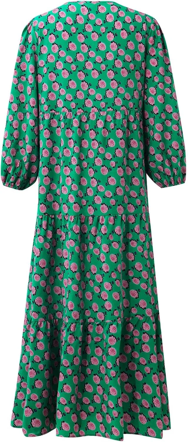Boho Maxi Dresses for Women 2025 Casual Loose Fit Summer Long Bohemian Dress 3/4 Sleeve V Neck Plus Size Flowy Spring Dress