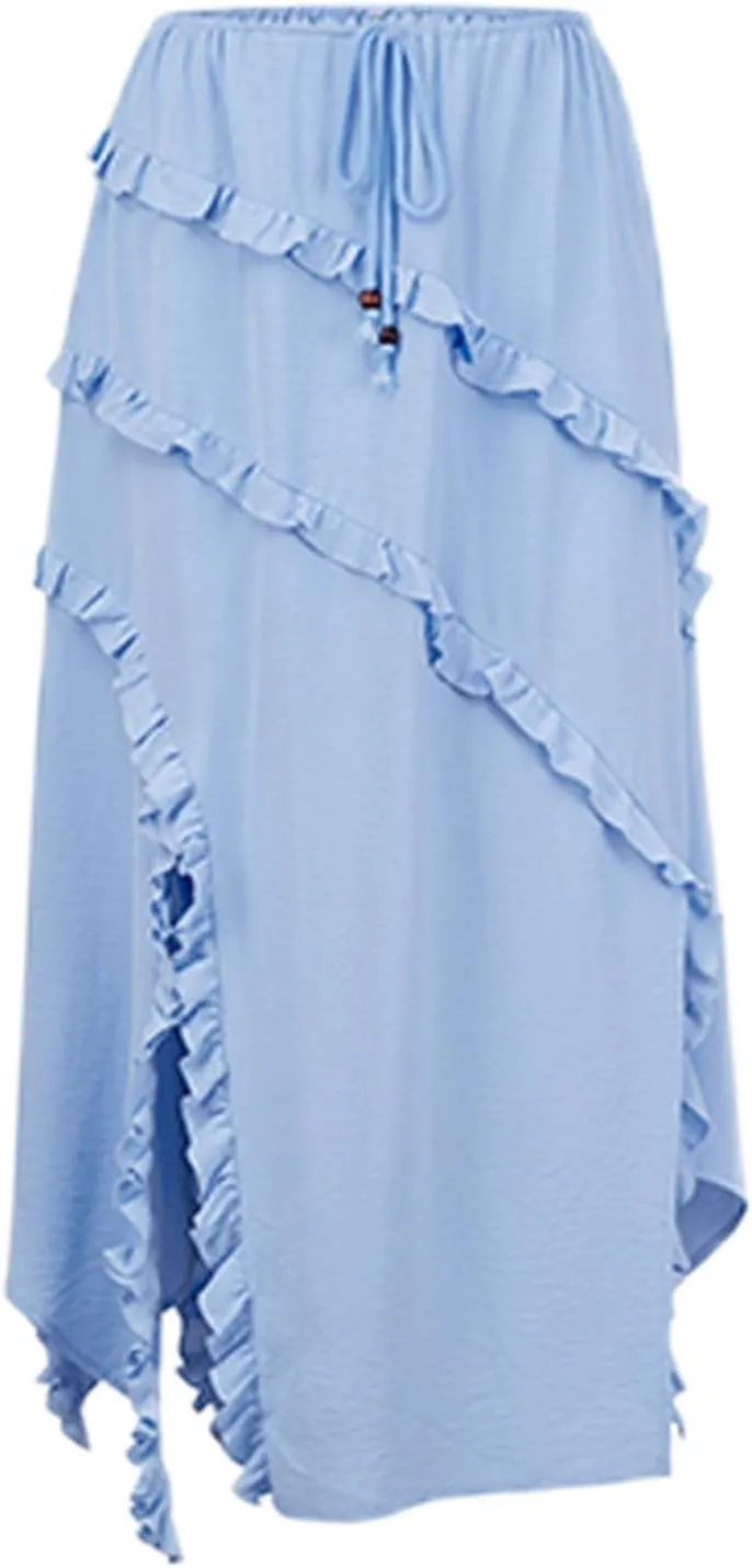 Boho Skirts for Women Solid Color Lace Up Waist Tiered Skirt Asymmetrical Ruffle Hem Beach Vacation Maxi Skirt