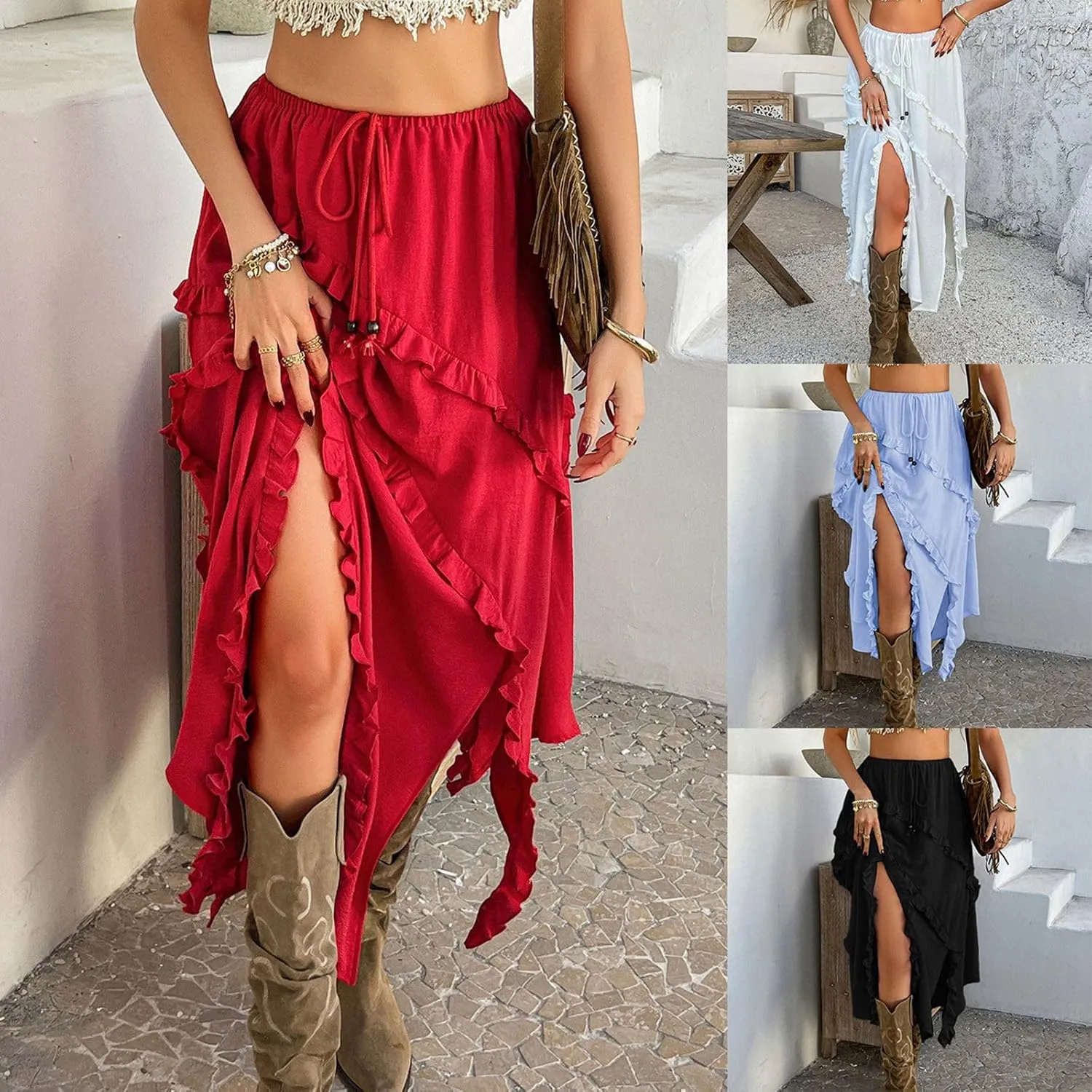 Boho Skirts for Women Solid Color Lace Up Waist Tiered Skirt Asymmetrical Ruffle Hem Beach Vacation Maxi Skirt