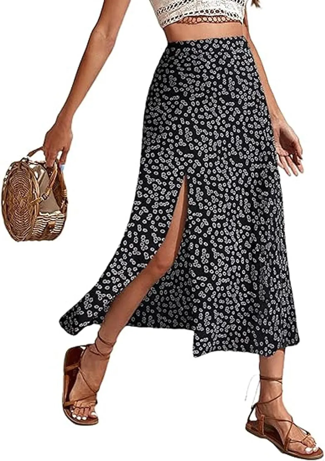 Boho Split Skirts for Women Floral Print Thigh Slit Swing High Waist A Line Midi Skirt Sexy Flared Summer Beach Skirt