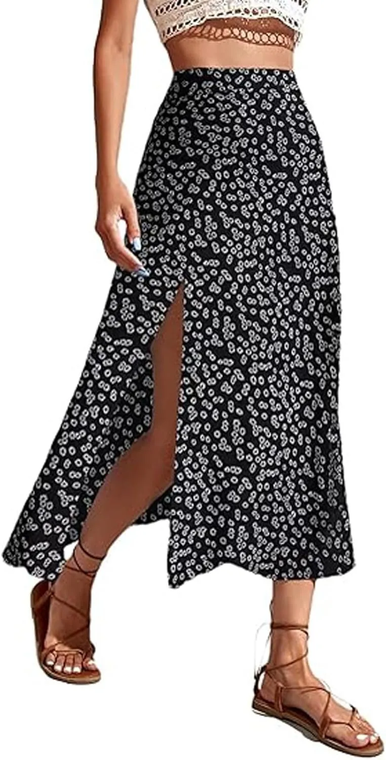 Boho Split Skirts for Women Floral Print Thigh Slit Swing High Waist A Line Midi Skirt Sexy Flared Summer Beach Skirt
