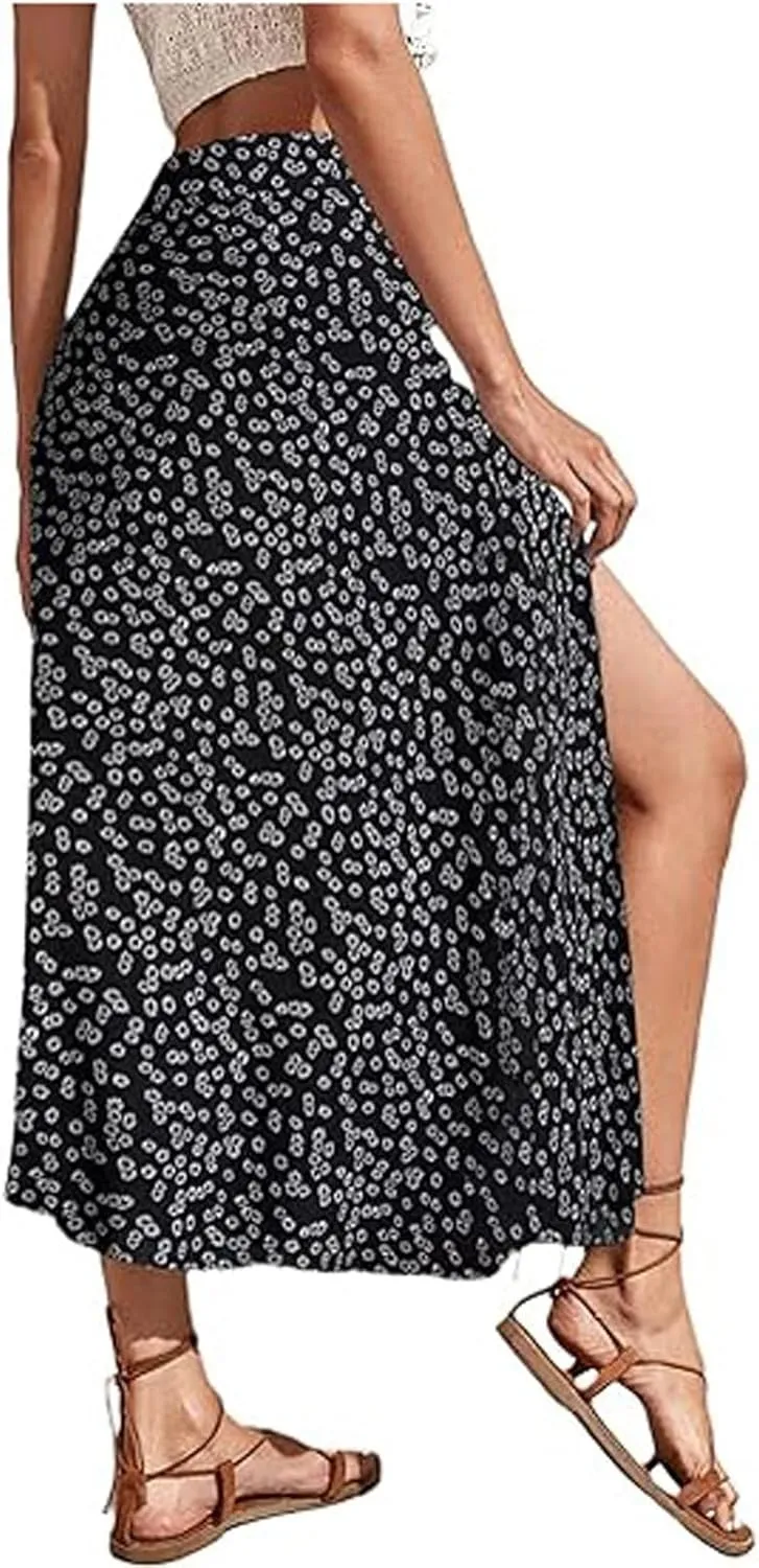 Boho Split Skirts for Women Floral Print Thigh Slit Swing High Waist A Line Midi Skirt Sexy Flared Summer Beach Skirt