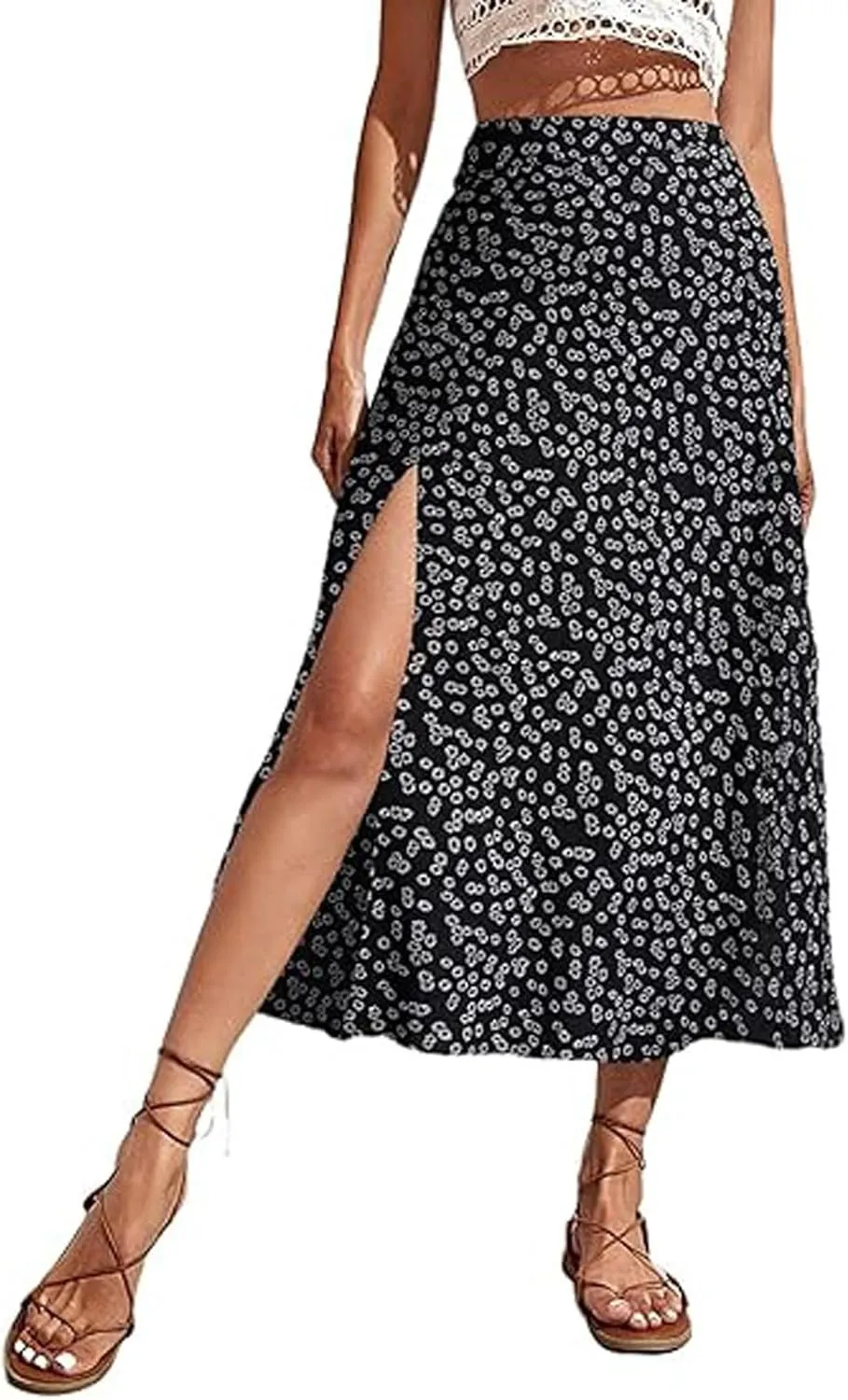 Boho Split Skirts for Women Floral Print Thigh Slit Swing High Waist A Line Midi Skirt Sexy Flared Summer Beach Skirt