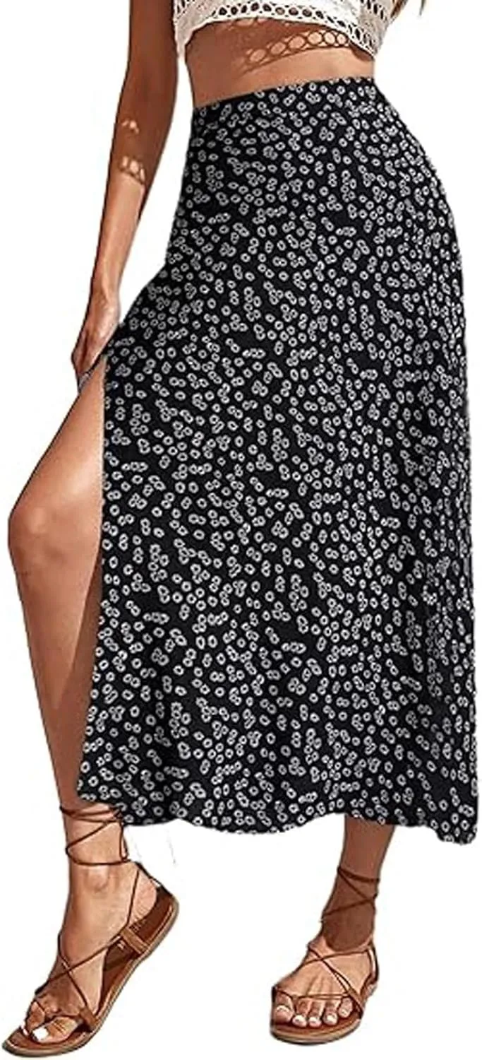 Boho Split Skirts for Women Floral Print Thigh Slit Swing High Waist A Line Midi Skirt Sexy Flared Summer Beach Skirt