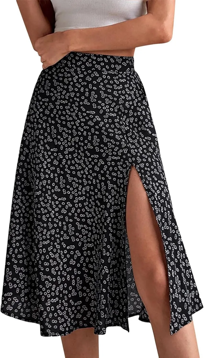 Boho Split Skirts for Women Floral Print Thigh Slit Swing High Waist A Line Midi Skirt Sexy Flared Summer Beach Skirt