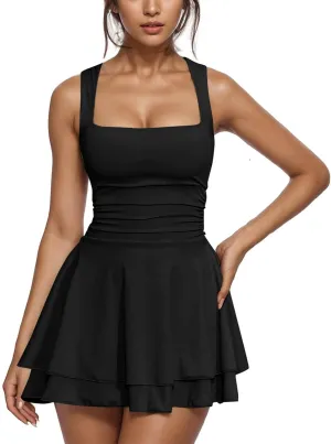 Borniu Women's Square Neck Ruffle Hem Mini Dress Ruched Waist Short Party Summer Casual Sleeveless Dresses Flowy Outfits