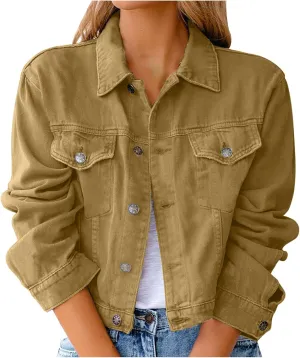 BTDECLAR Womens Denim Jacket Petite Crop Top Casual Button Up Long Sleeve Slim Fit Jean Jackets Trucker Denim Cardigan Coat