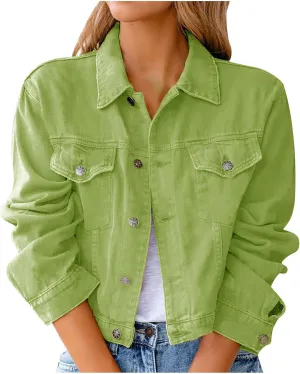 BTDECLAR Womens Denim Jacket Petite Crop Top Casual Button Up Long Sleeve Slim Fit Jean Jackets Trucker Denim Cardigan Coat