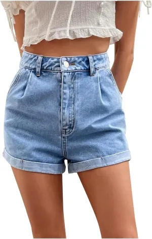 BTDECLAR Womens Jean Shorts High Waisted Rolled Hem Distressed Short Jeans Stretchy Casual Loose Denim Shorts with Pockets