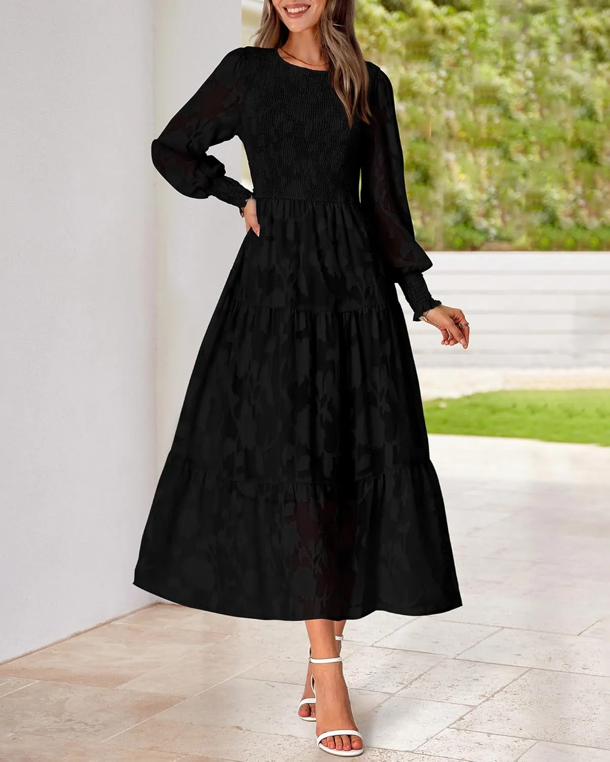 BTFBM Casual Women's 2025 Spring Dresses Elegant Wedding Guest Dress Long Sleeve Floral Midi Dress Flowy Bohemian Long Dress