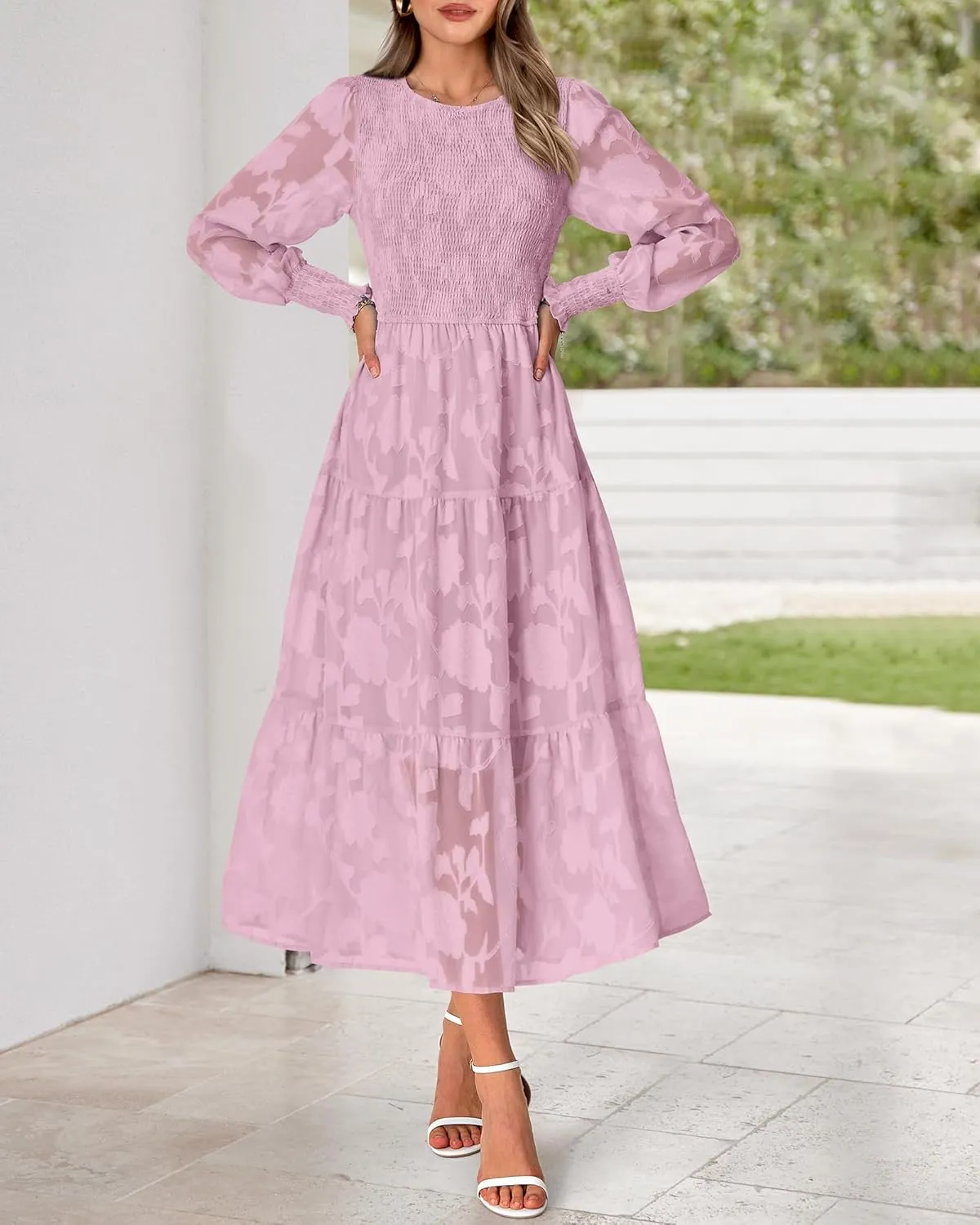 BTFBM Casual Women's 2025 Spring Dresses Elegant Wedding Guest Dress Long Sleeve Floral Midi Dress Flowy Bohemian Long Dress