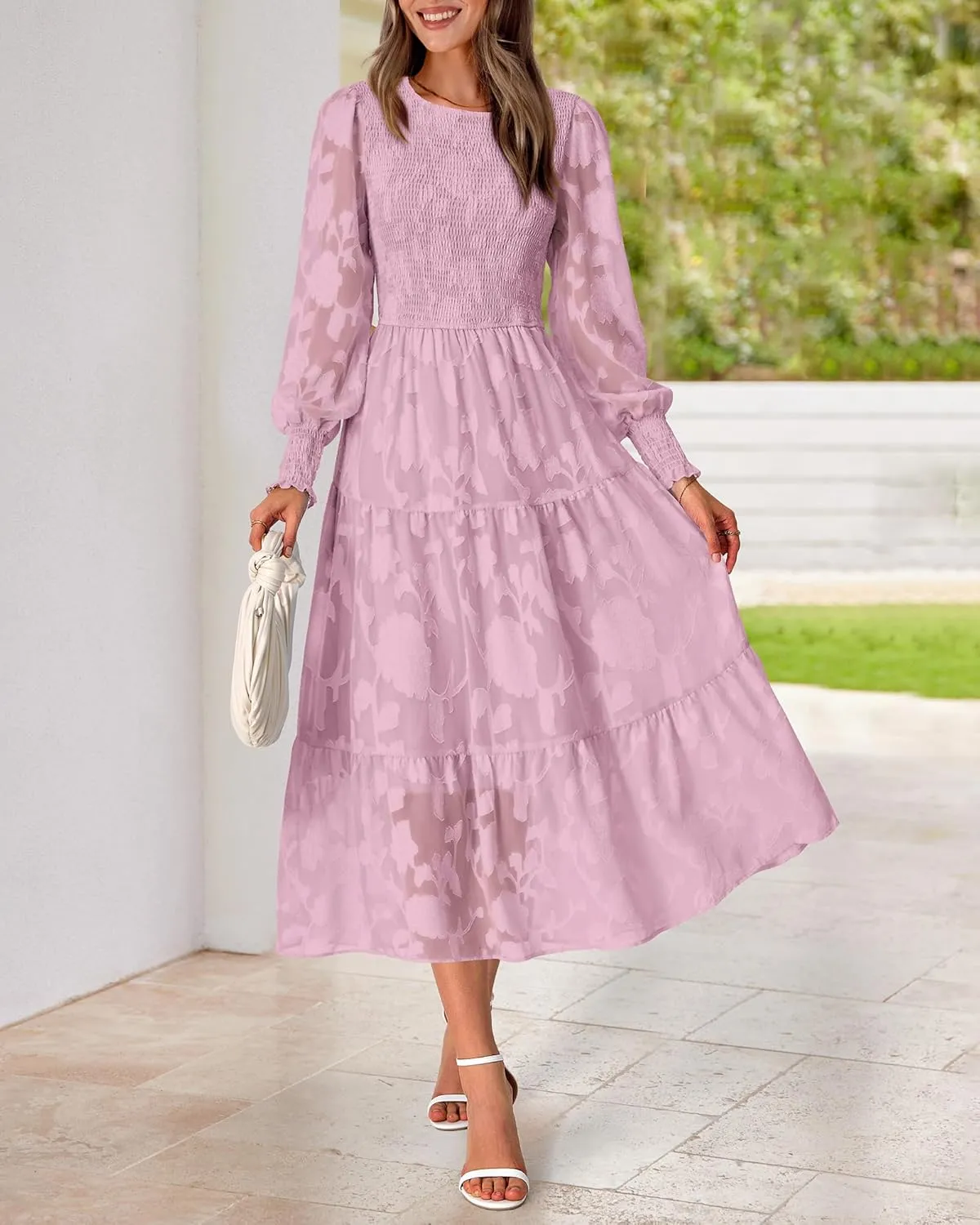 BTFBM Casual Women's 2025 Spring Dresses Elegant Wedding Guest Dress Long Sleeve Floral Midi Dress Flowy Bohemian Long Dress