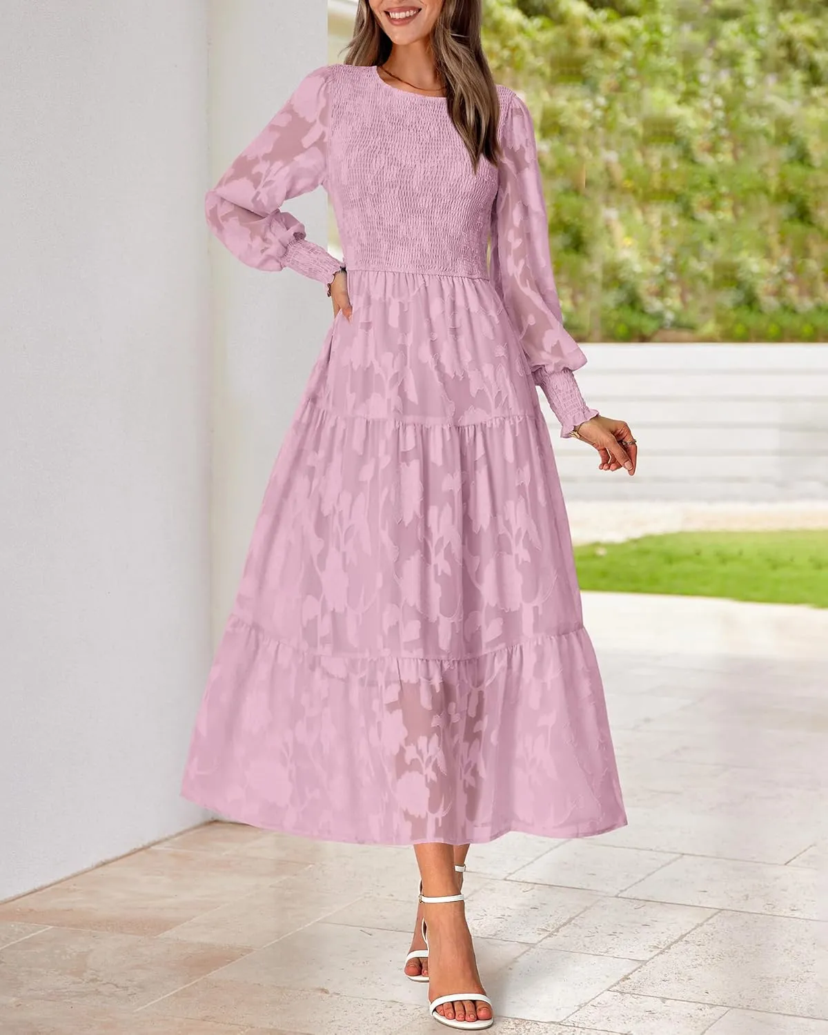 BTFBM Casual Women's 2025 Spring Dresses Elegant Wedding Guest Dress Long Sleeve Floral Midi Dress Flowy Bohemian Long Dress