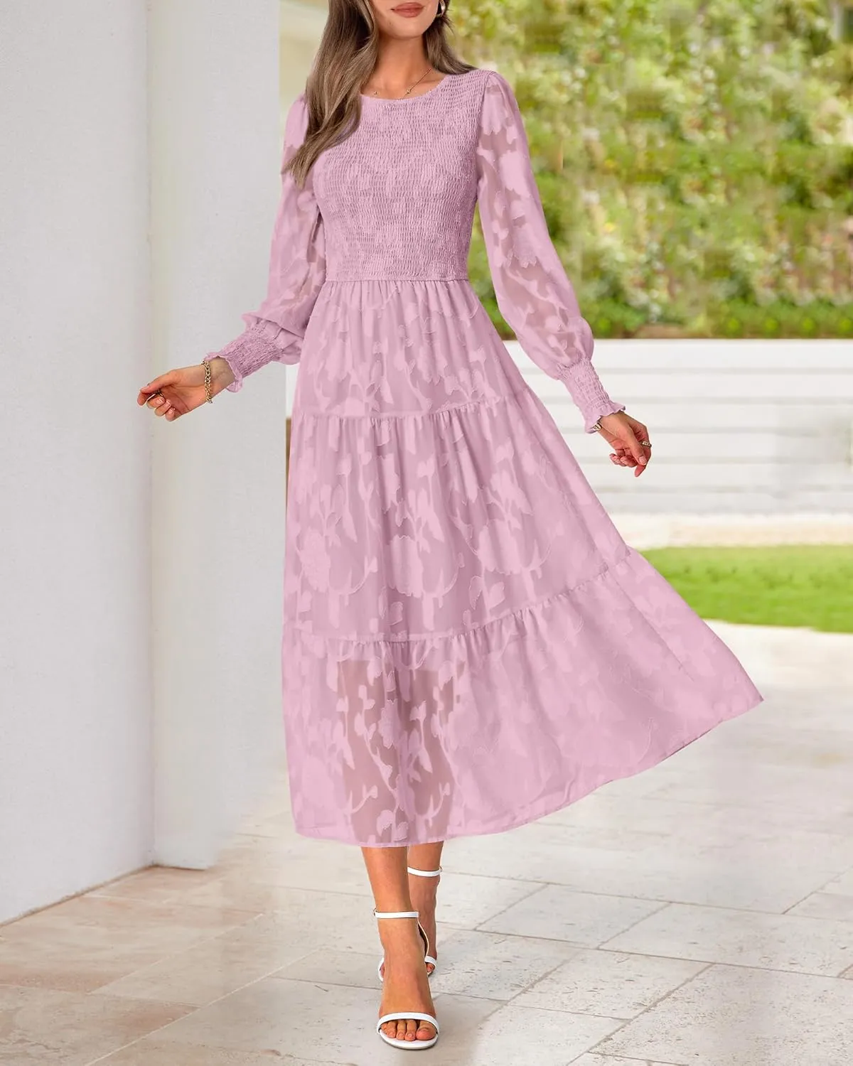 BTFBM Casual Women's 2025 Spring Dresses Elegant Wedding Guest Dress Long Sleeve Floral Midi Dress Flowy Bohemian Long Dress
