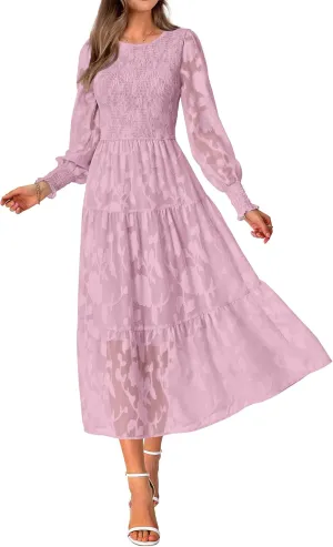 BTFBM Casual Women's 2025 Spring Dresses Elegant Wedding Guest Dress Long Sleeve Floral Midi Dress Flowy Bohemian Long Dress