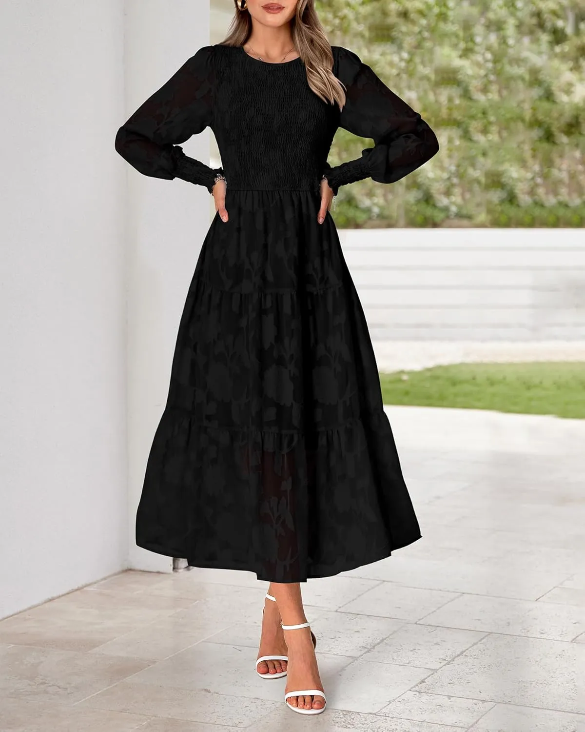 BTFBM Casual Women's 2025 Spring Dresses Elegant Wedding Guest Dress Long Sleeve Floral Midi Dress Flowy Bohemian Long Dress
