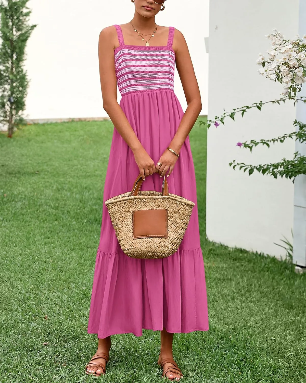 BTFBM Summer Midi Dresses for Women 2025 Spring Sleeveless Square Neck Smocked Flowy Long Beach Vacation Sundress Pocket