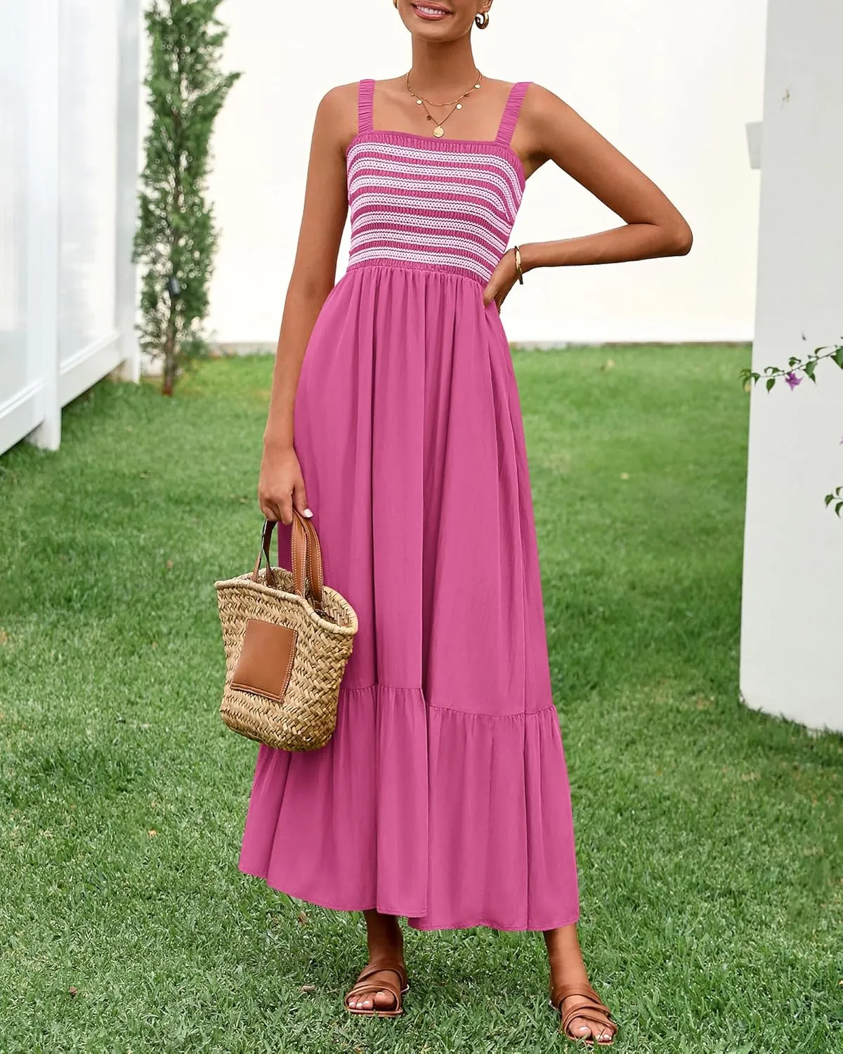 BTFBM Summer Midi Dresses for Women 2025 Spring Sleeveless Square Neck Smocked Flowy Long Beach Vacation Sundress Pocket