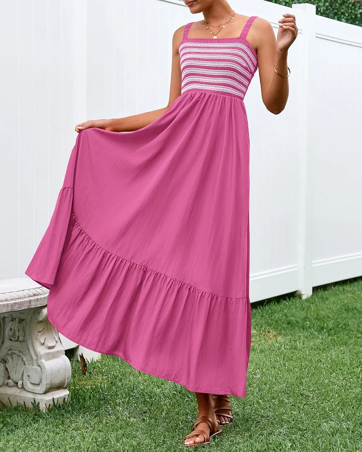 BTFBM Summer Midi Dresses for Women 2025 Spring Sleeveless Square Neck Smocked Flowy Long Beach Vacation Sundress Pocket