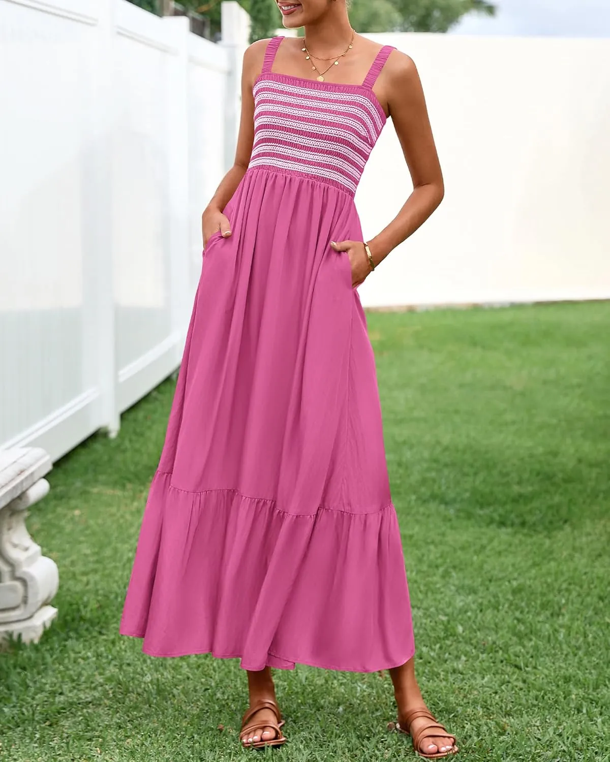 BTFBM Summer Midi Dresses for Women 2025 Spring Sleeveless Square Neck Smocked Flowy Long Beach Vacation Sundress Pocket