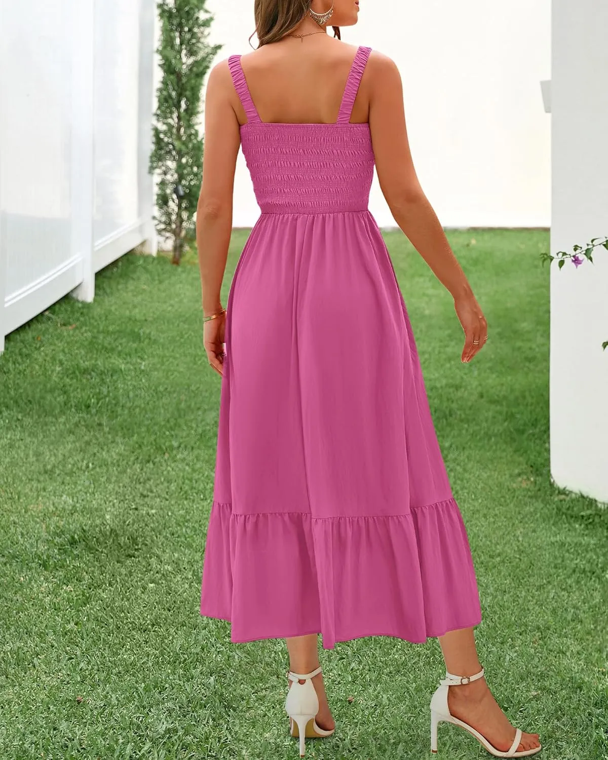 BTFBM Summer Midi Dresses for Women 2025 Spring Sleeveless Square Neck Smocked Flowy Long Beach Vacation Sundress Pocket