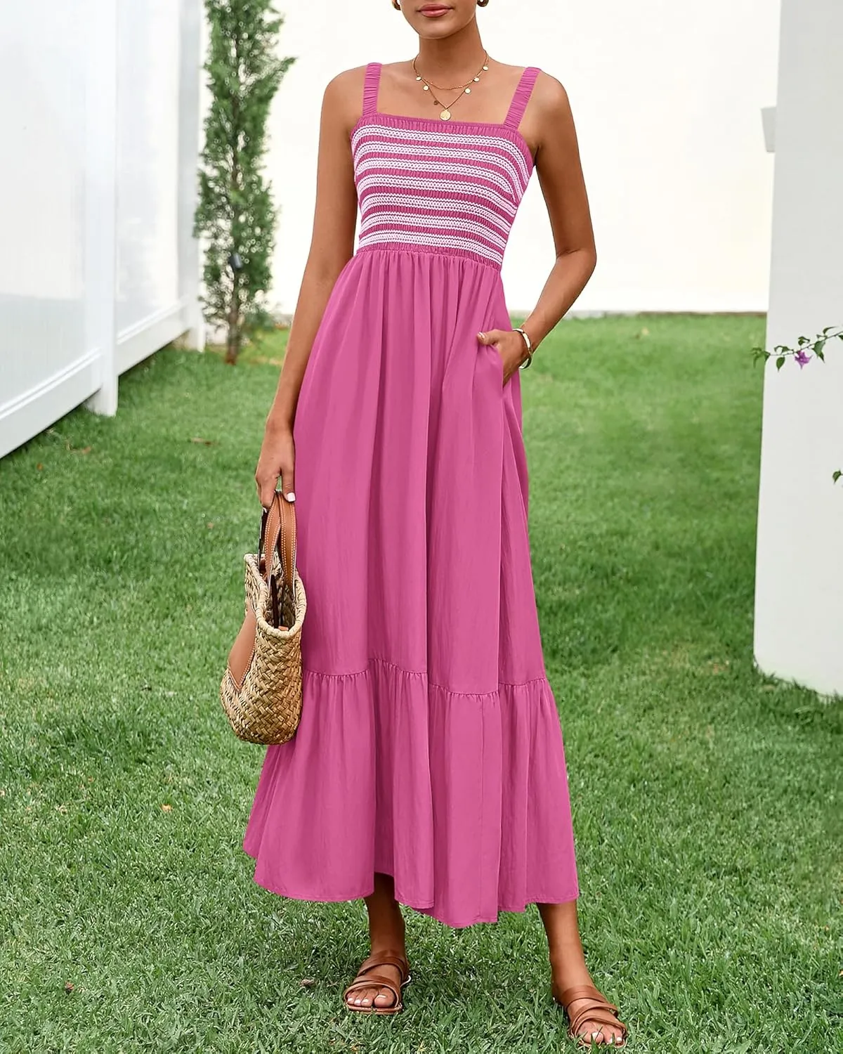 BTFBM Summer Midi Dresses for Women 2025 Spring Sleeveless Square Neck Smocked Flowy Long Beach Vacation Sundress Pocket