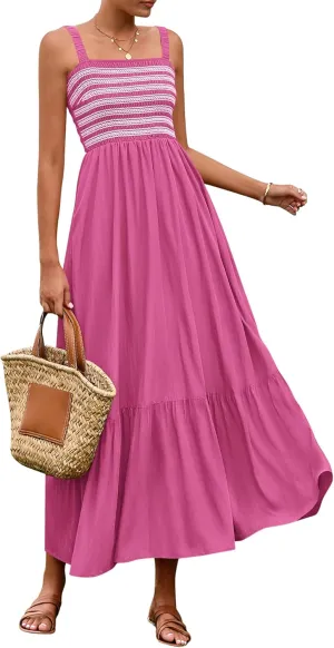 BTFBM Summer Midi Dresses for Women 2025 Spring Sleeveless Square Neck Smocked Flowy Long Beach Vacation Sundress Pocket