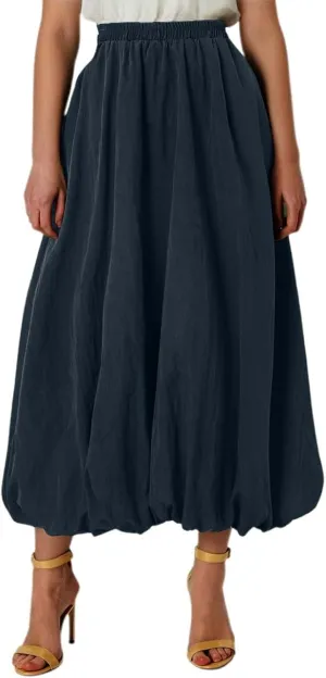 Bubble Skirts for Women Y2K Elastic Waist Pleated Flowy A-Line Puffy Hem Bubble Midi Long Skirt Dress with Pockets