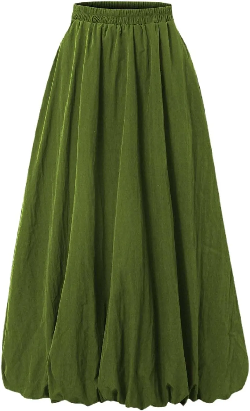 Bubble Skirts for Women Y2K Elastic Waist Pleated Flowy A-Line Puffy Hem Bubble Midi Long Skirt Dress with Pockets