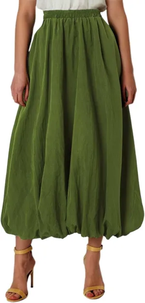 Bubble Skirts for Women Y2K Elastic Waist Pleated Flowy A-Line Puffy Hem Bubble Midi Long Skirt Dress with Pockets