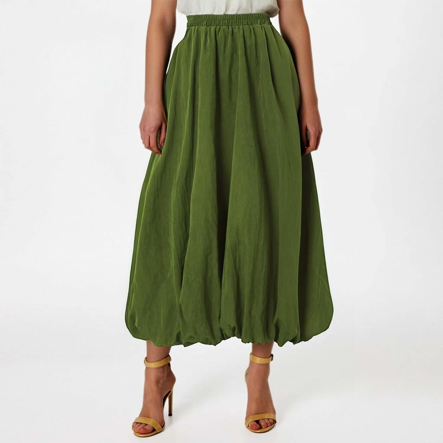 Bubble Skirts for Women Y2K Elastic Waist Pleated Flowy A-Line Puffy Hem Bubble Midi Long Skirt Dress with Pockets