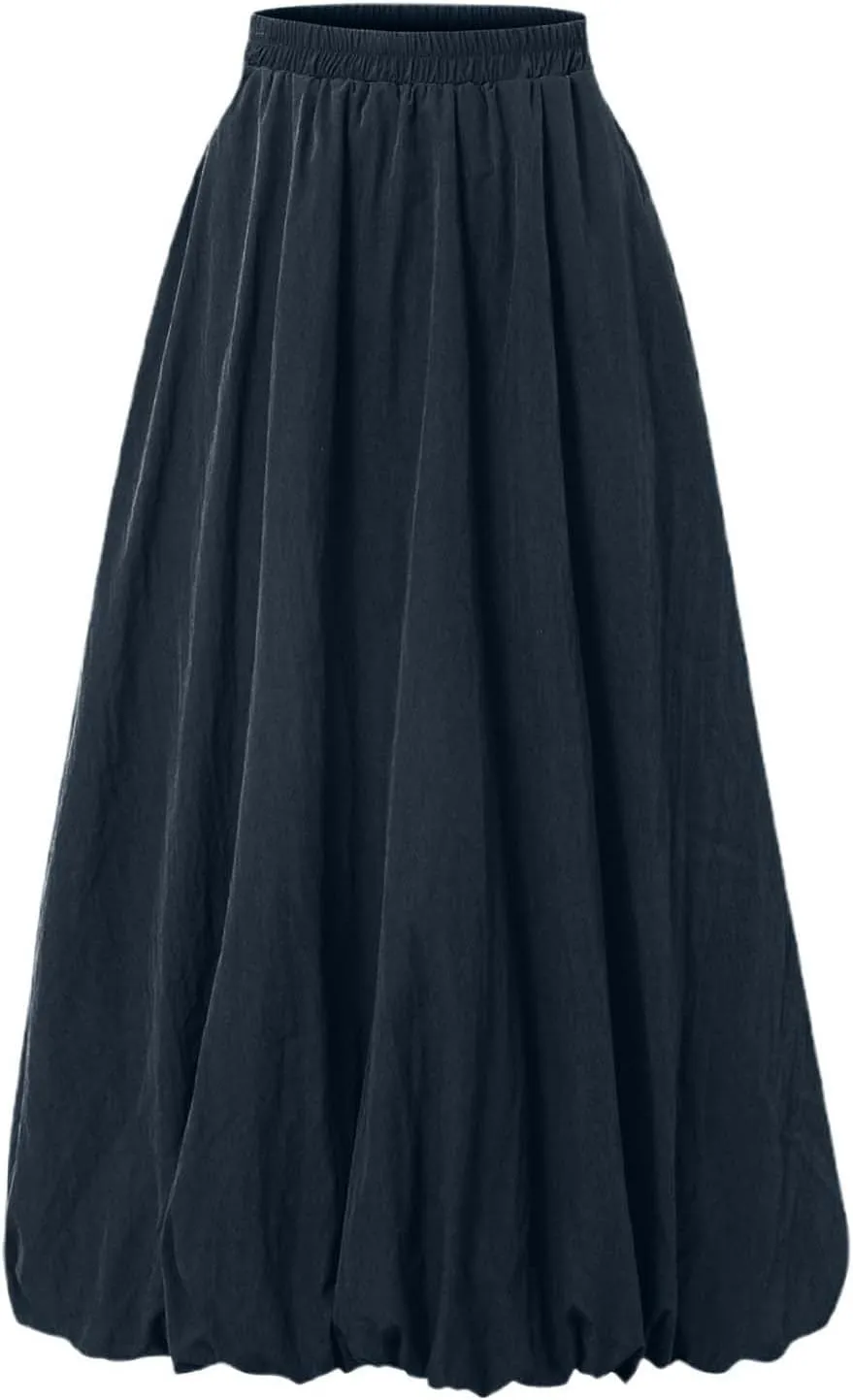 Bubble Skirts for Women Y2K Elastic Waist Pleated Flowy A-Line Puffy Hem Bubble Midi Long Skirt Dress with Pockets