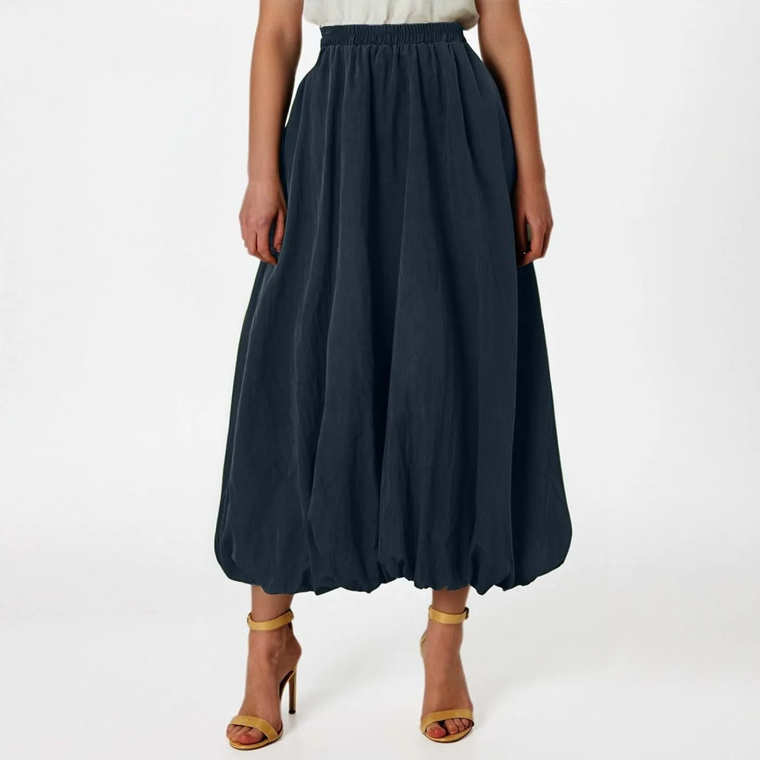 Bubble Skirts for Women Y2K Elastic Waist Pleated Flowy A-Line Puffy Hem Bubble Midi Long Skirt Dress with Pockets