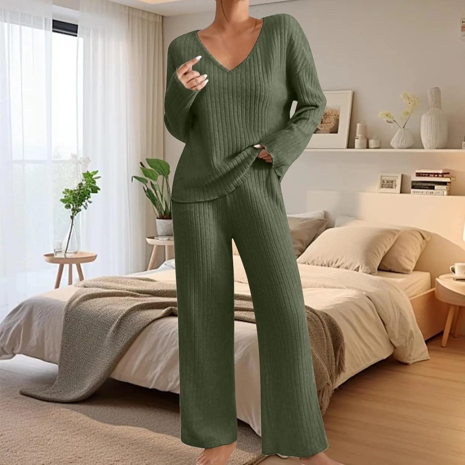 Canbebig 2 Piece Sets for Women Fall Knit Sweat Sets V Neck Tops and Wide Leg Pants Sets Matching Lounge Sets Loungewear