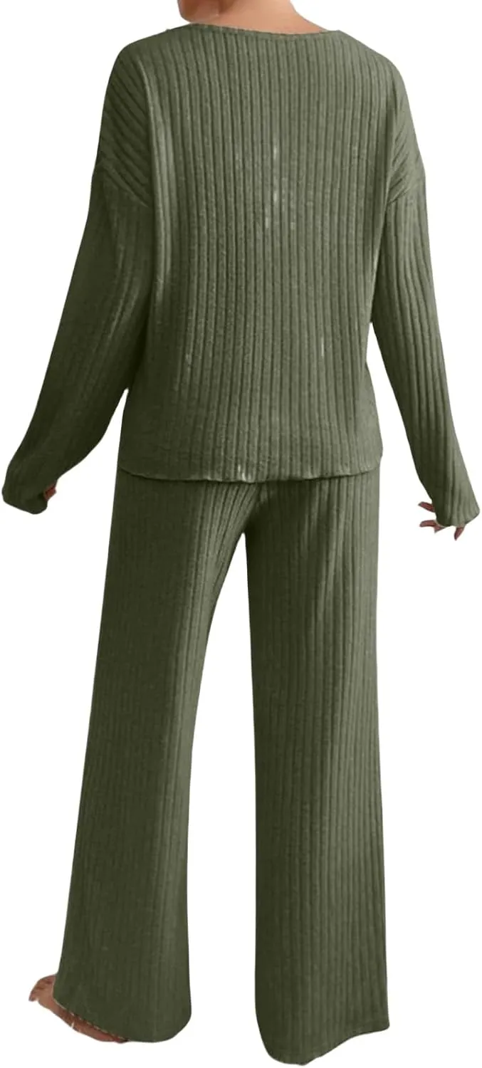 Canbebig 2 Piece Sets for Women Fall Knit Sweat Sets V Neck Tops and Wide Leg Pants Sets Matching Lounge Sets Loungewear