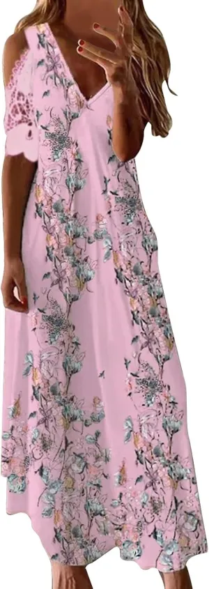 Casual Dresses for Women 2024 Trendy Floral Print Deep V Neck Spaghetti Strap Dresses Flowy Sleeveless A-Line Dress