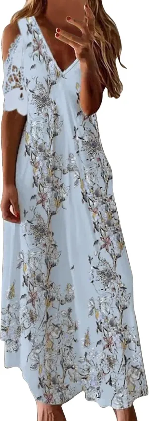 Casual Dresses for Women 2024 Trendy Floral Print Deep V Neck Spaghetti Strap Dresses Flowy Sleeveless A-Line Dress