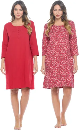 Casual Nights Women's Henley Nightshirts Set of 2, Floral 3/4 Sleeve Nightgowns & Solid Sleepwear Shirt