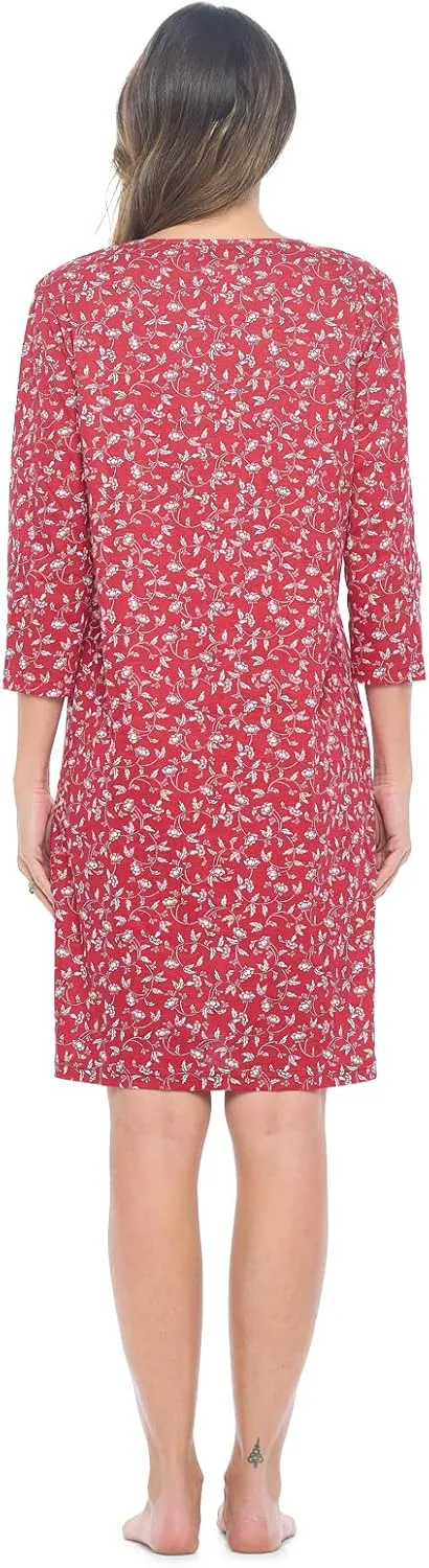 Casual Nights Women's Henley Nightshirts Set of 2, Floral 3/4 Sleeve Nightgowns & Solid Sleepwear Shirt