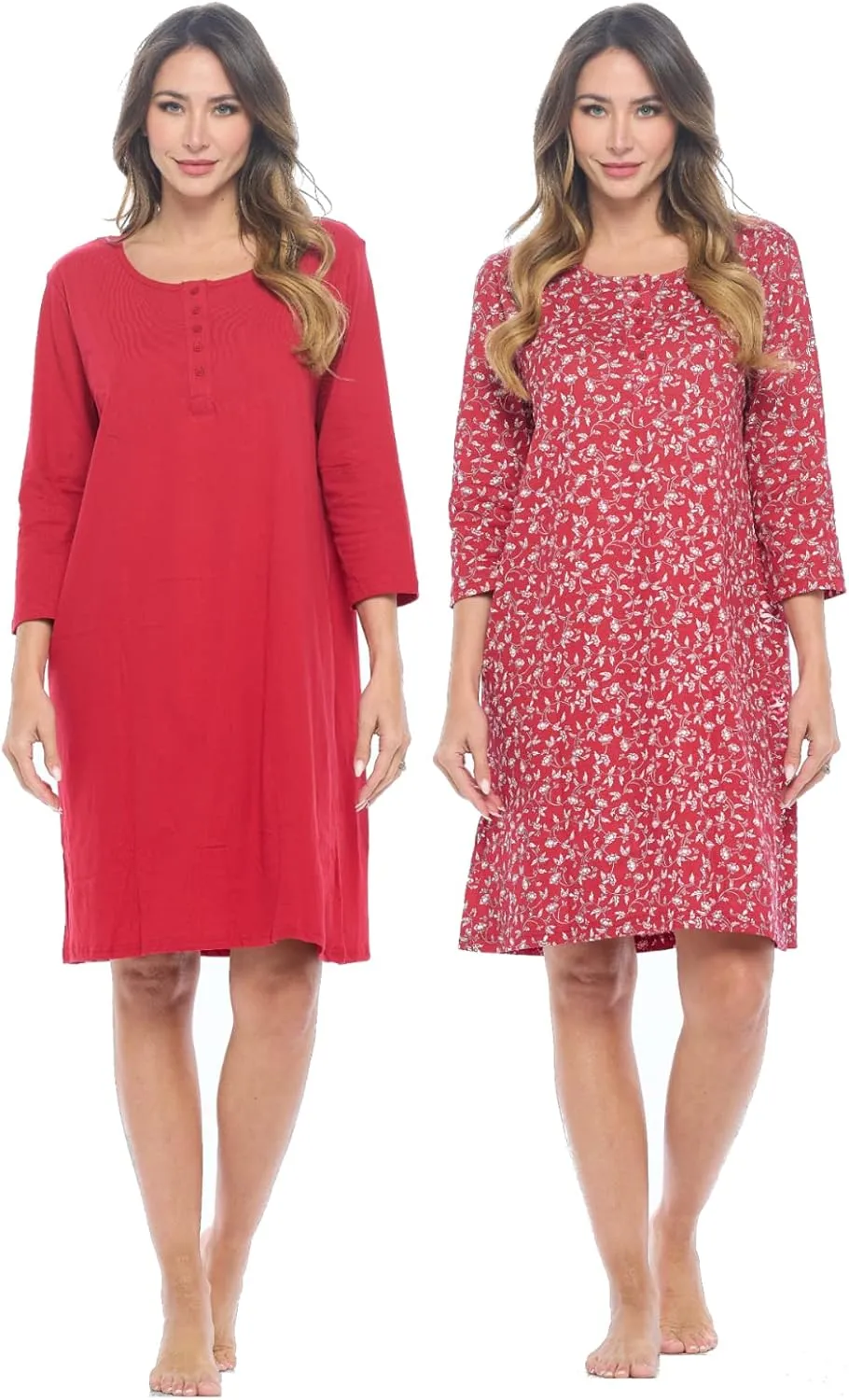 Casual Nights Women's Henley Nightshirts Set of 2, Floral 3/4 Sleeve Nightgowns & Solid Sleepwear Shirt