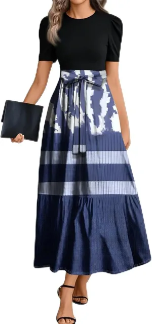 Church Dresses for Women 2025 Floral Short Sleeve Wrap Patchwork Dress Tea Length A Line Tiered Maxi Modest Dress