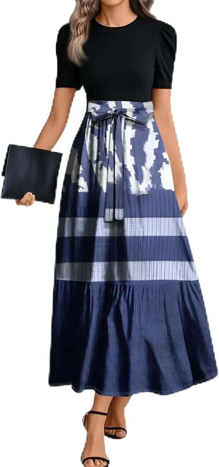 Church Dresses for Women 2025 Floral Short Sleeve Wrap Patchwork Dress Tea Length A Line Tiered Maxi Modest Dress