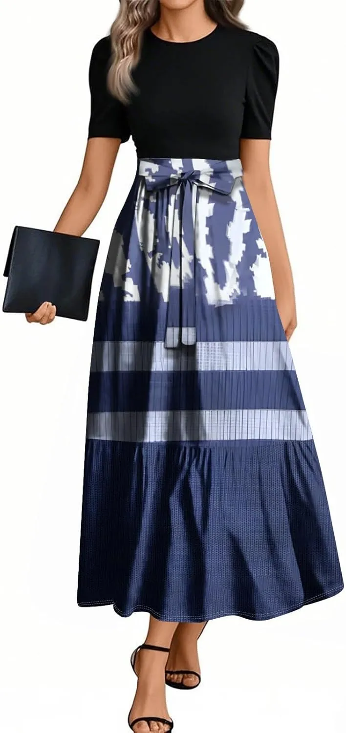 Church Dresses for Women 2025 Floral Short Sleeve Wrap Patchwork Dress Tea Length A Line Tiered Maxi Modest Dress