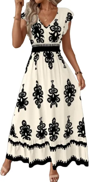 Cocktail Dresses for Women Boho Floral Maxi Dress V Neck Ruffle Bell Sleeve Smocked Waist Dress A-Line Swing Dresses