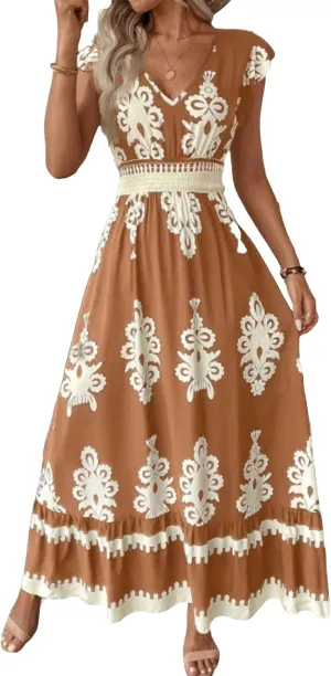 Cocktail Dresses for Women Boho Floral Maxi Dress V Neck Ruffle Bell Sleeve Smocked Waist Dress A-Line Swing Dresses
