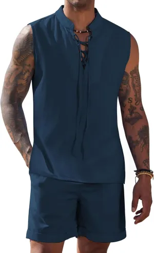 COOFANDY Men's Linen Sets 2 Piece Beach Outfits Lace Up Hippie Tank Tops Summer Casual Sleeveless Shirts Matching Shorts Set