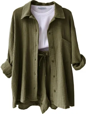 Cotton Linen 2 Piece Sets Women Summer Lounge Sets Long Sleeve Shirts And Shorts Sets Solid Two Piece Sets