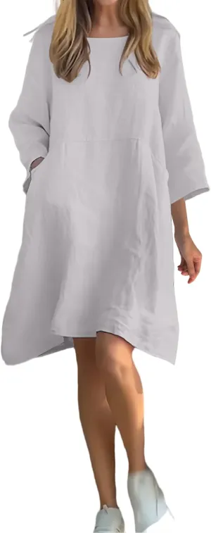 Cotton Linen Dress Women Casual Summer Dresses Long Sleeve Midi T Shirt Dress Beach Flowy Vacation Sundress Pockets