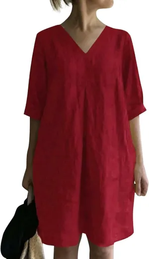 Cotton Linen Dresses for Women Short Sleeve Summer Midi Dress Casual V Neck Tshirt Dress Beach Vacation Sundress Loose